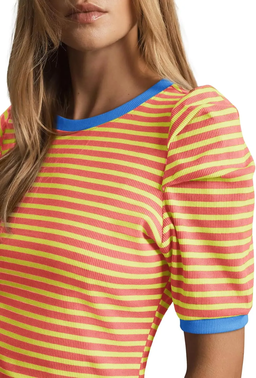 Tankaneo Womens Short Puff Sleeve Tops Trendy Striped Color Block T Shirts Crewneck Casual Shirts