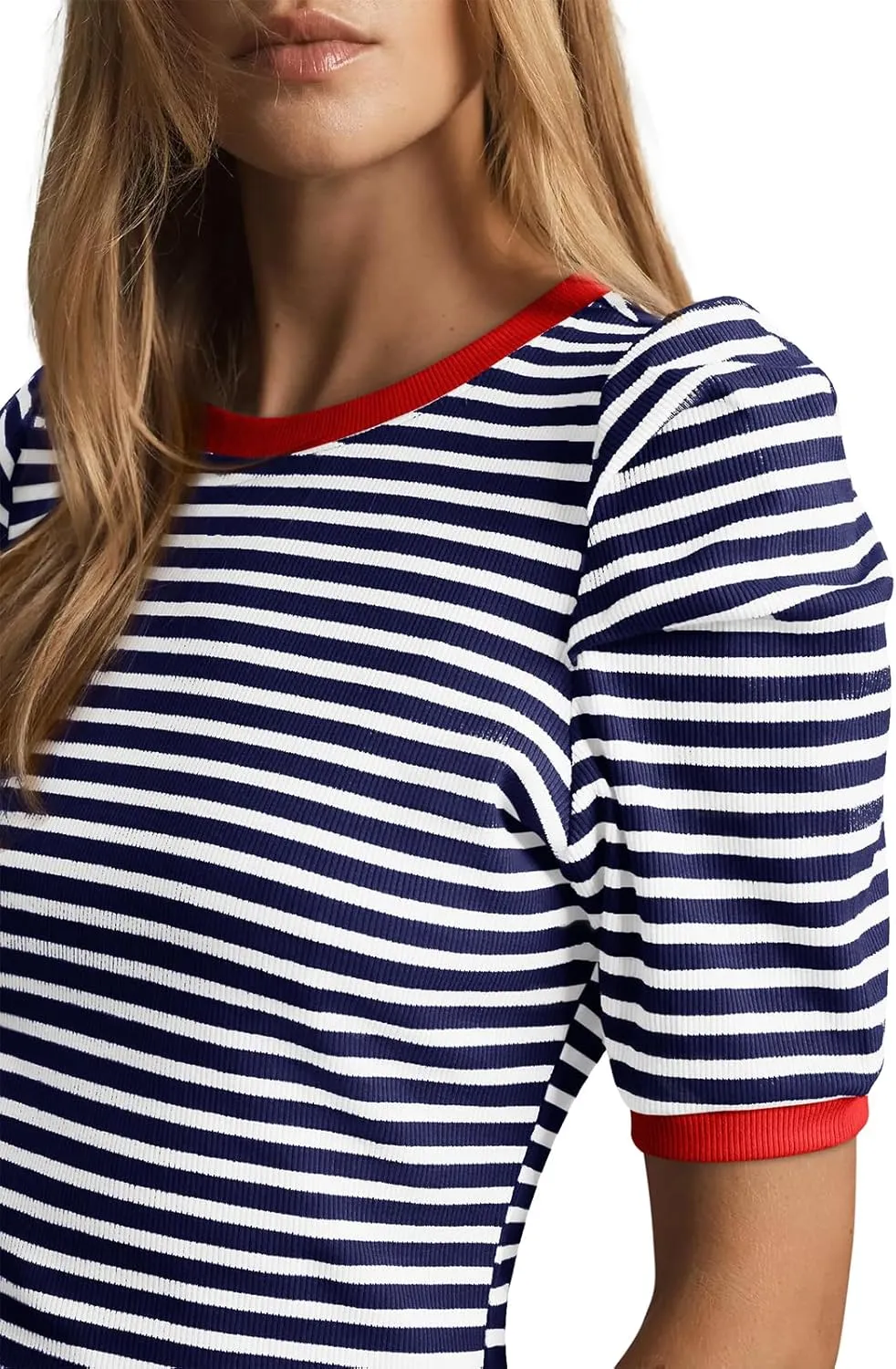 Tankaneo Womens Short Puff Sleeve Tops Trendy Striped Color Block T Shirts Crewneck Casual Shirts