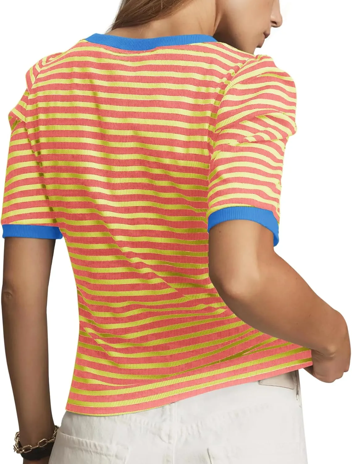 Tankaneo Womens Short Puff Sleeve Tops Trendy Striped Color Block T Shirts Crewneck Casual Shirts
