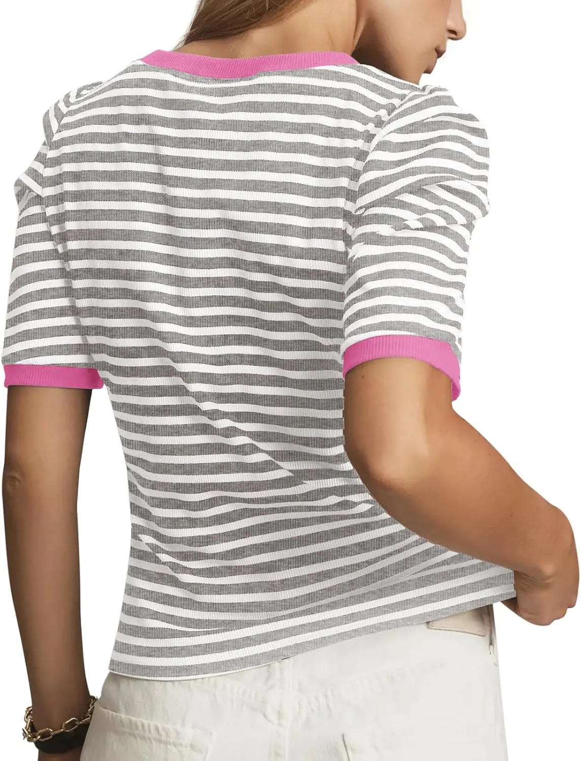 Tankaneo Womens Short Puff Sleeve Tops Trendy Striped Color Block T Shirts Crewneck Casual Shirts