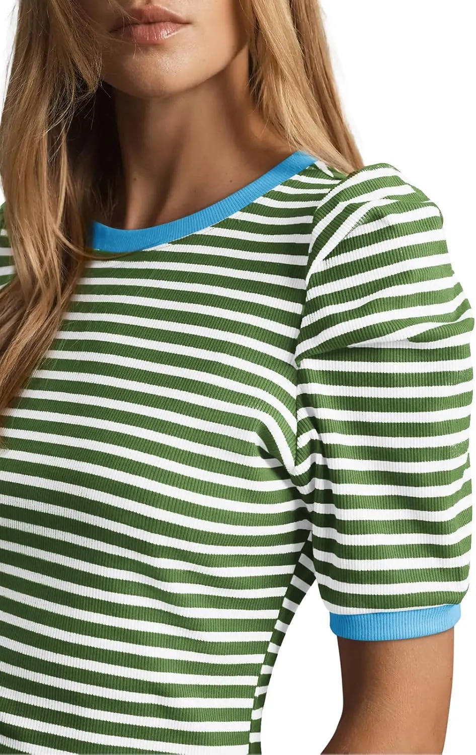 Tankaneo Womens Short Puff Sleeve Tops Trendy Striped Color Block T Shirts Crewneck Casual Shirts