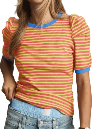 Tankaneo Womens Short Puff Sleeve Tops Trendy Striped Color Block T Shirts Crewneck Casual Shirts