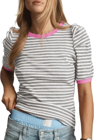 Tankaneo Womens Short Puff Sleeve Tops Trendy Striped Color Block T Shirts Crewneck Casual Shirts