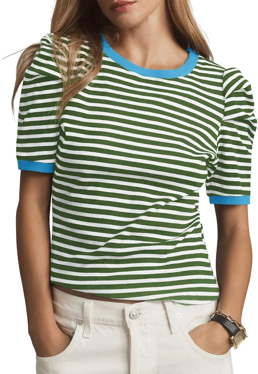 Tankaneo Womens Short Puff Sleeve Tops Trendy Striped Color Block T Shirts Crewneck Casual Shirts