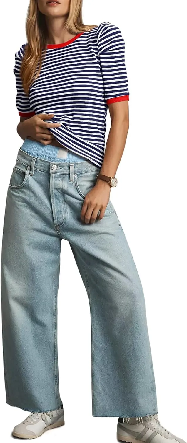 Tankaneo Womens Short Puff Sleeve Tops Trendy Striped Color Block T Shirts Crewneck Casual Shirts