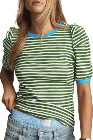 Tankaneo Womens Short Puff Sleeve Tops Trendy Striped Color Block T Shirts Crewneck Casual Shirts