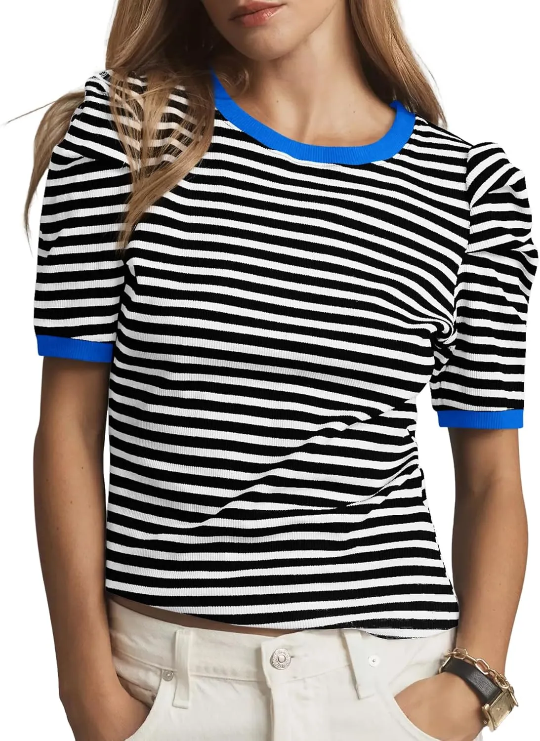 Tankaneo Womens Short Puff Sleeve Tops Trendy Striped Color Block T Shirts Crewneck Casual Shirts