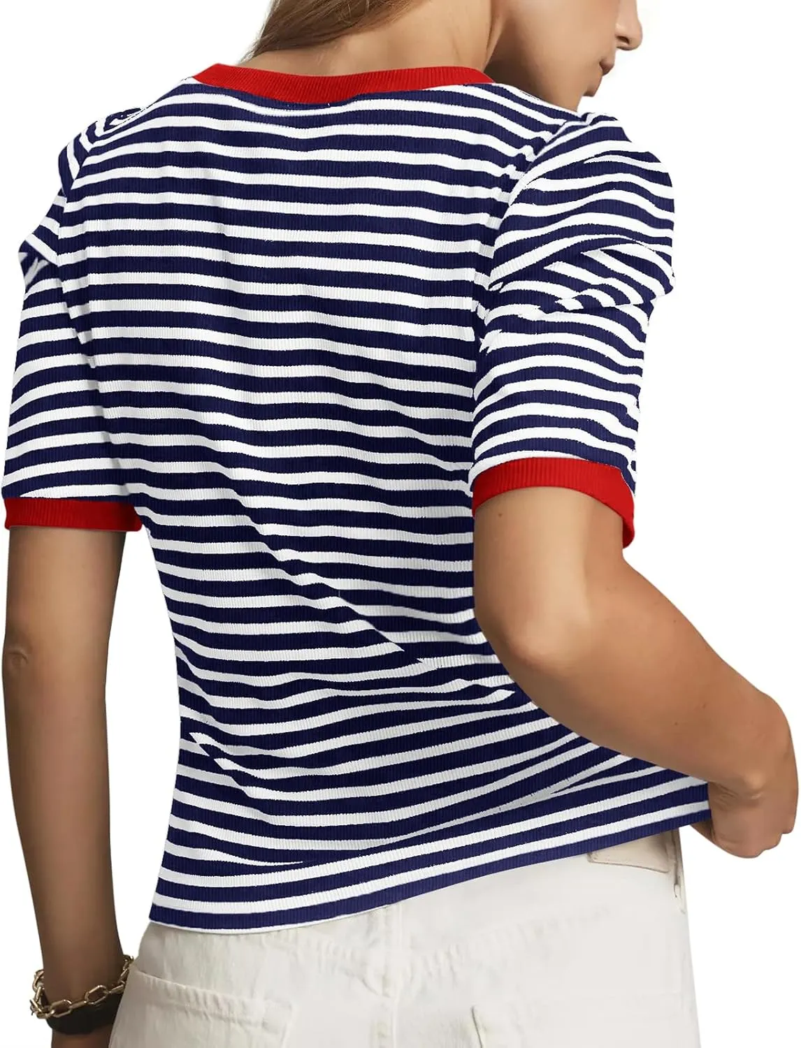 Tankaneo Womens Short Puff Sleeve Tops Trendy Striped Color Block T Shirts Crewneck Casual Shirts