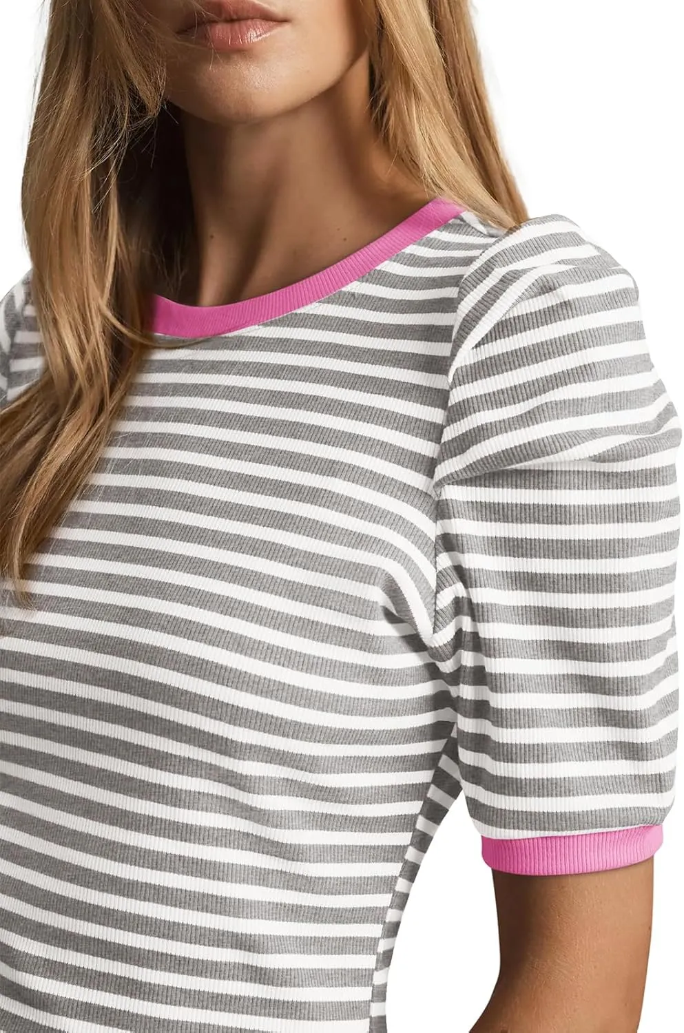 Tankaneo Womens Short Puff Sleeve Tops Trendy Striped Color Block T Shirts Crewneck Casual Shirts
