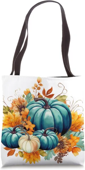 Teal Autumn Pumpkin Floral Fall Harvest Foliage Tote Bag