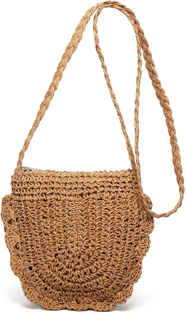 Teeya Straw Crossbody Bag Women Weave Shoulder Bag Round Summer Beach Purse and Handbags