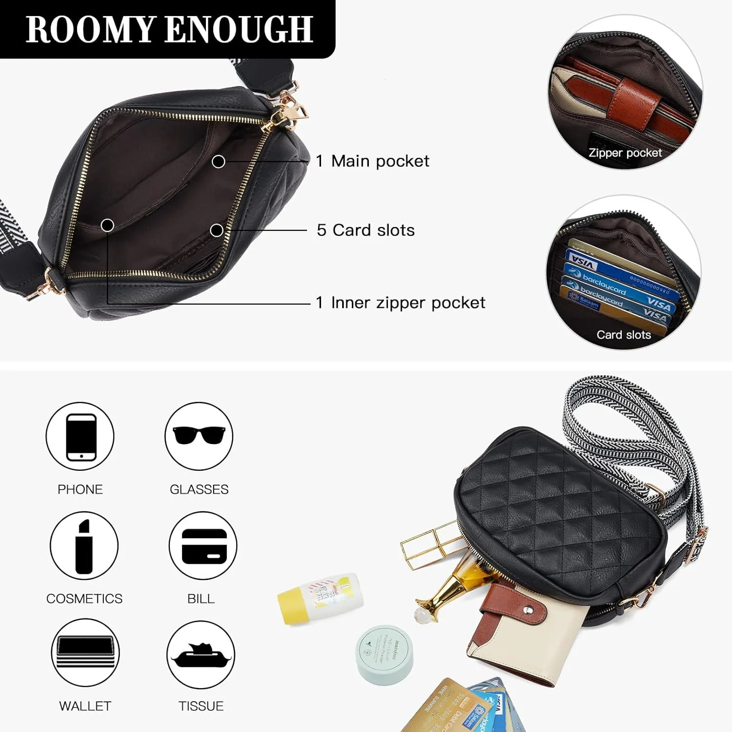 Telena Crossbody bags for Women Trendy Quilted Crossbody Bag Faux Leather Purse with Wide Strap