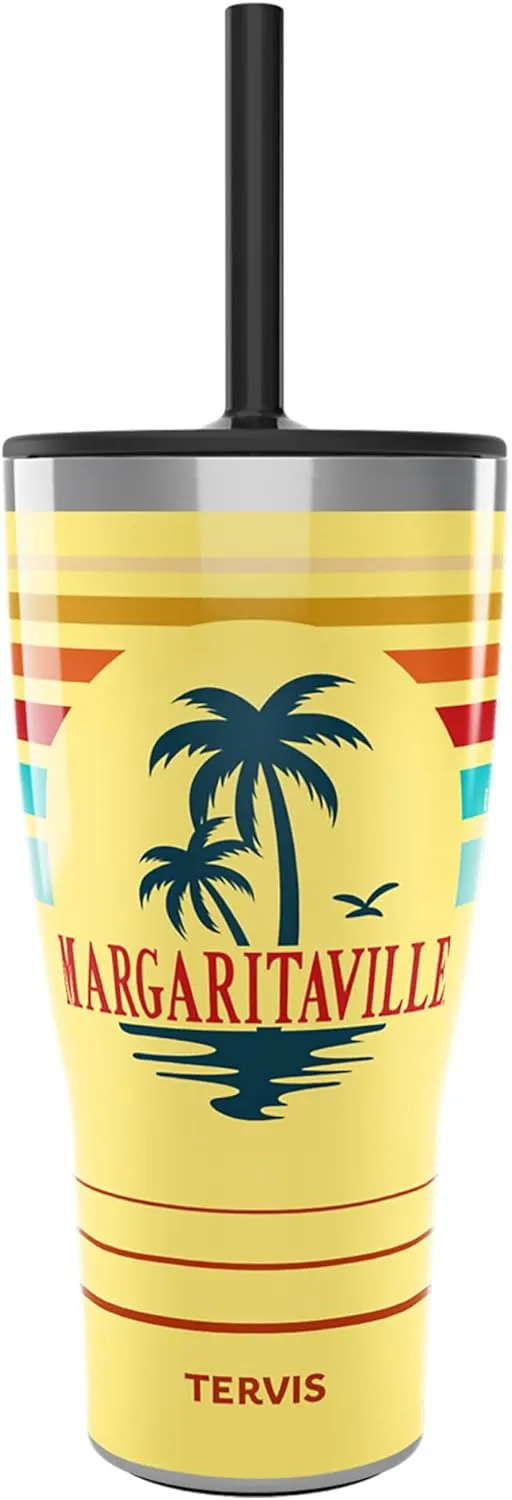 Tervis Traveler Margaritaville Gotta Go Palm Triple Walled Insulated Tumbler Travel Cup Keeps Drinks Cold & Hot, 30oz - with Straw Lid, Stainless Steel