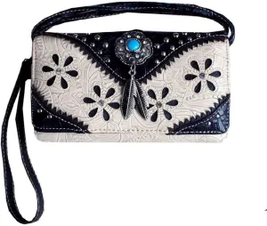 Texas West Western Rhinestone Laser Cut Feather Floral Concho Crossbody Small Pouch Wallet (Beige)