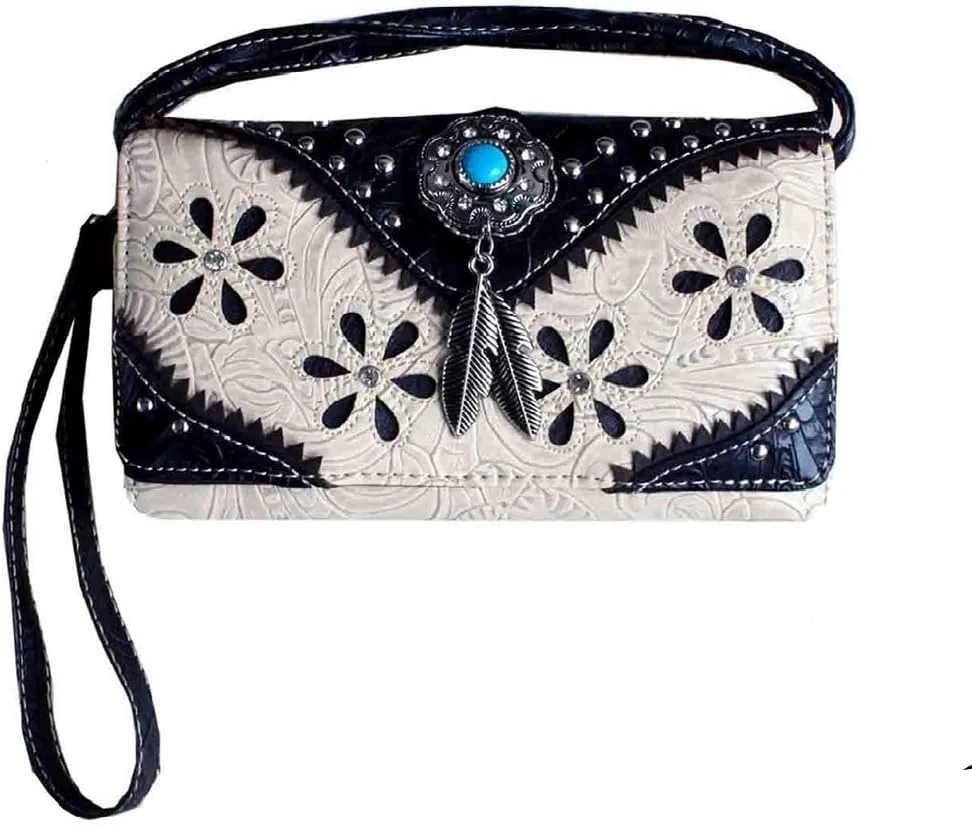 Texas West Western Rhinestone Laser Cut Feather Floral Concho Crossbody Small Pouch Wallet (Beige)