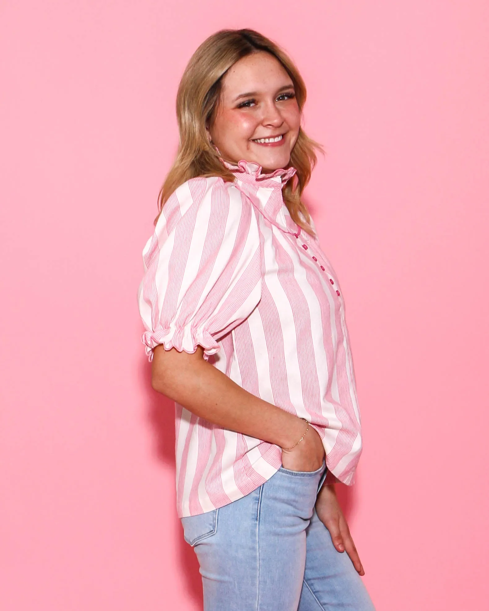 The Cutest Pink Button Down Ruffled Top
