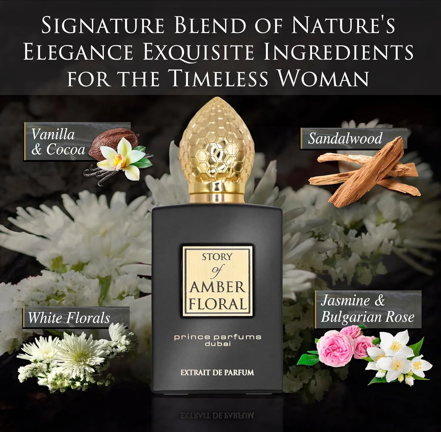 The Story of Amber Floral by Prince Parfums Dubai - 3.4 Ounces Women's Extrait de Parfum - Enchanting Essence of White Florals, Jasmine, & Bulgarian Rose - Luxurious Vanilla & Sandalwood Symphony