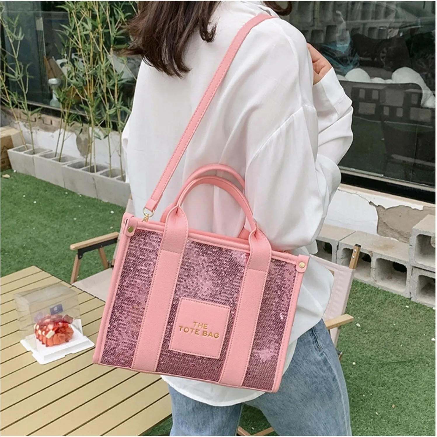 The Tote Bag for Women,Shining Leather Tote Bag with Zipper,Trendy Sequin Crossbody Purse,Top Handle Handbags,Blue