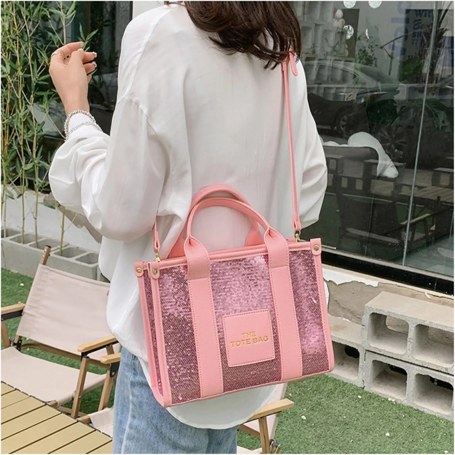 The Tote Bag for Women,Shining Leather Tote Bag with Zipper,Trendy Sequin Crossbody Purse,Top Handle Handbags,Blue