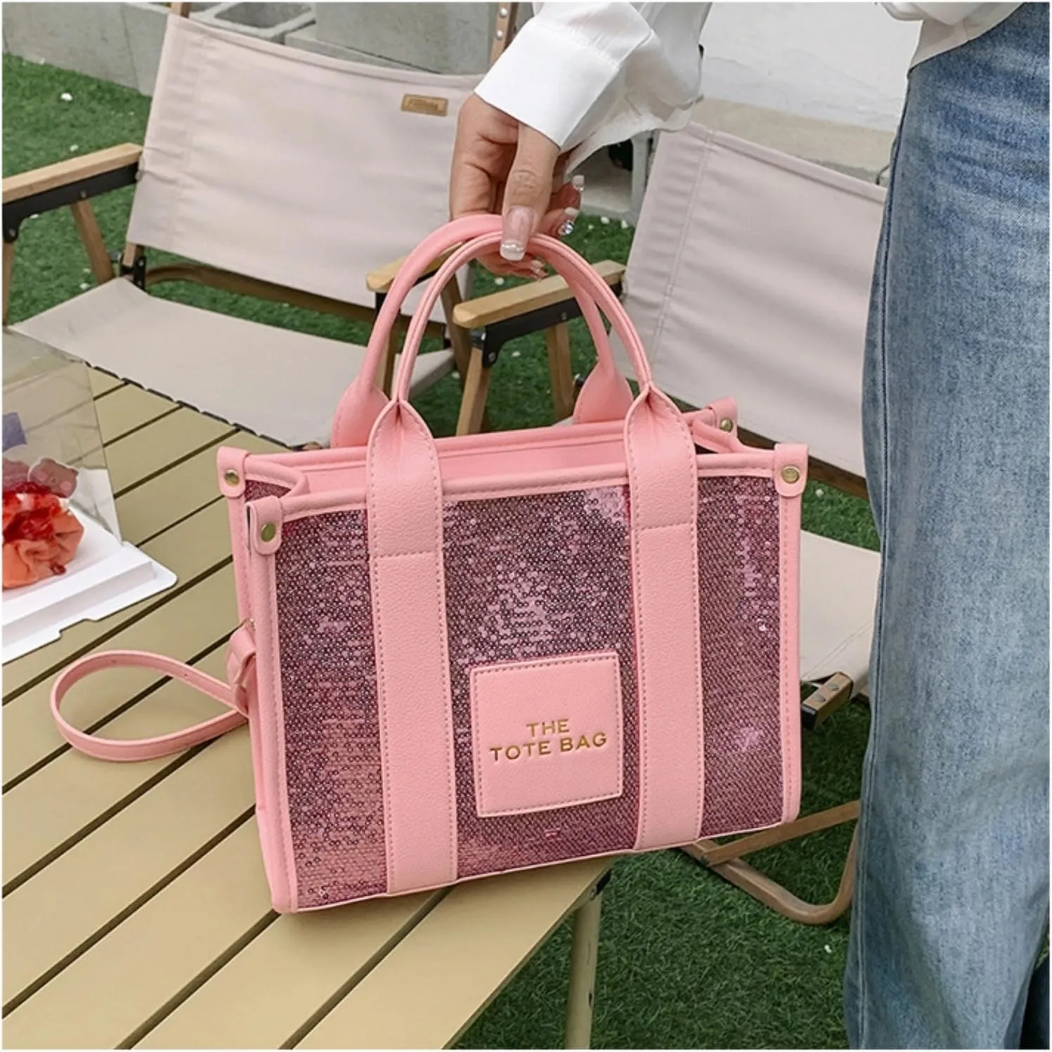 The Tote Bag for Women,Shining Leather Tote Bag with Zipper,Trendy Sequin Crossbody Purse,Top Handle Handbags,Blue