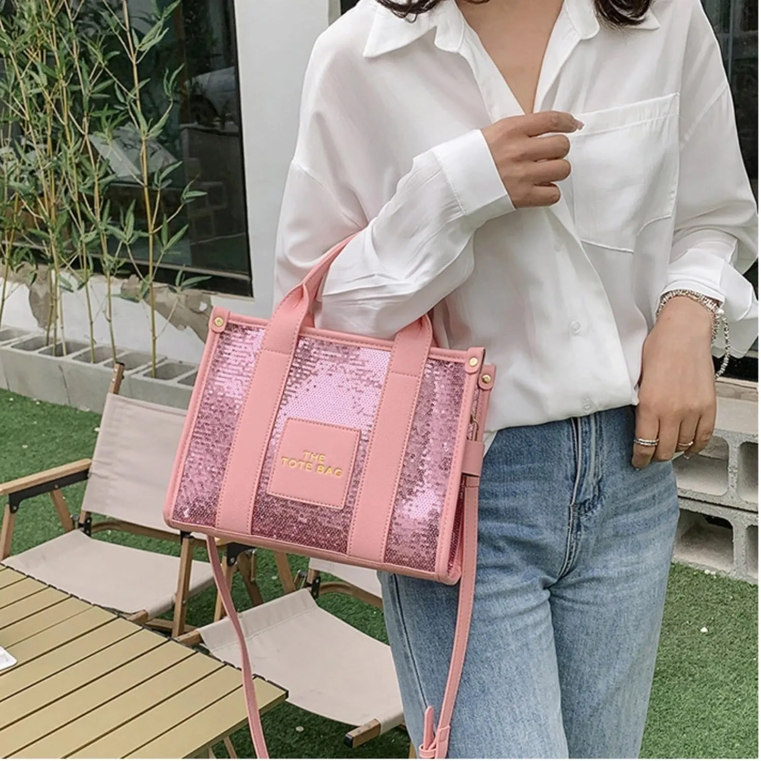 The Tote Bag for Women,Shining Leather Tote Bag with Zipper,Trendy Sequin Crossbody Purse,Top Handle Handbags,Blue