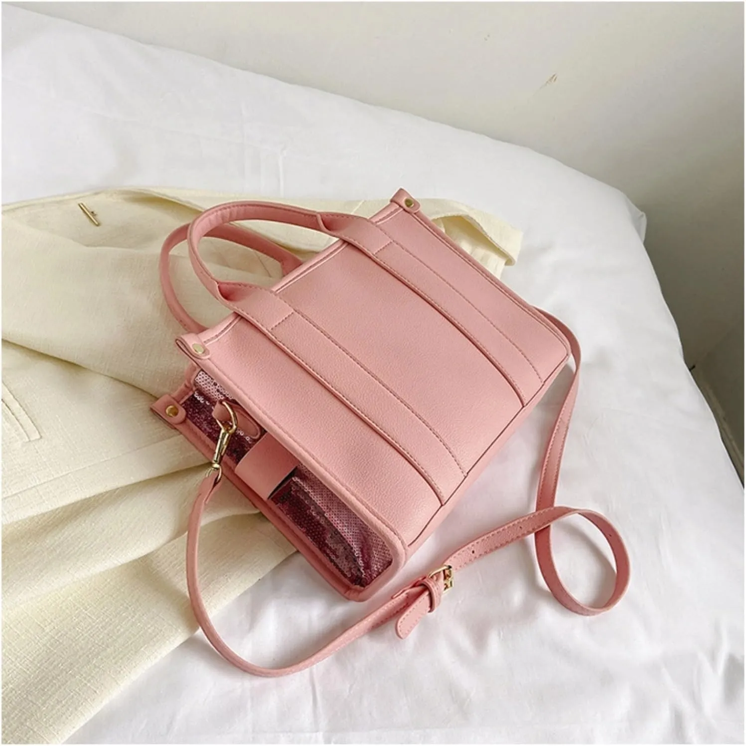 The Tote Bag for Women,Shining Leather Tote Bag with Zipper,Trendy Sequin Crossbody Purse,Top Handle Handbags,Blue