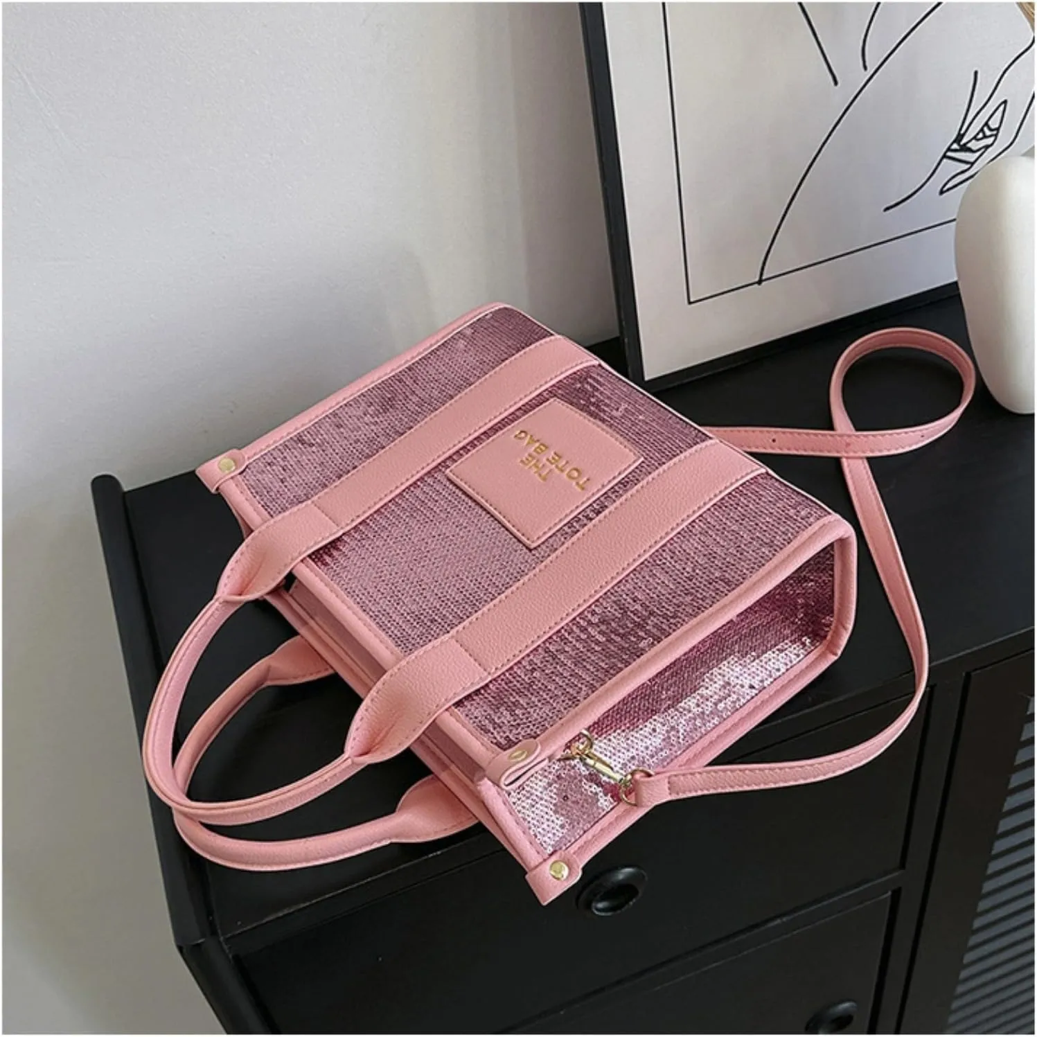 The Tote Bag for Women,Shining Leather Tote Bag with Zipper,Trendy Sequin Crossbody Purse,Top Handle Handbags,Blue