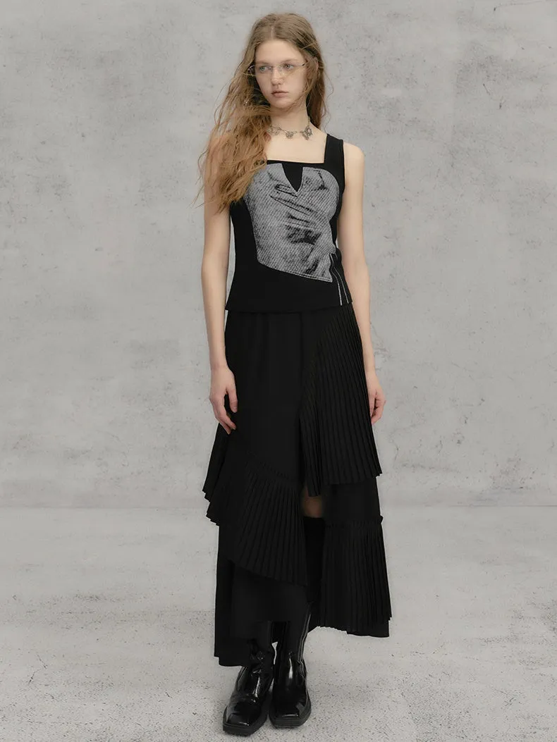 Three-dimensional Pleated Splicing Slit Skirt