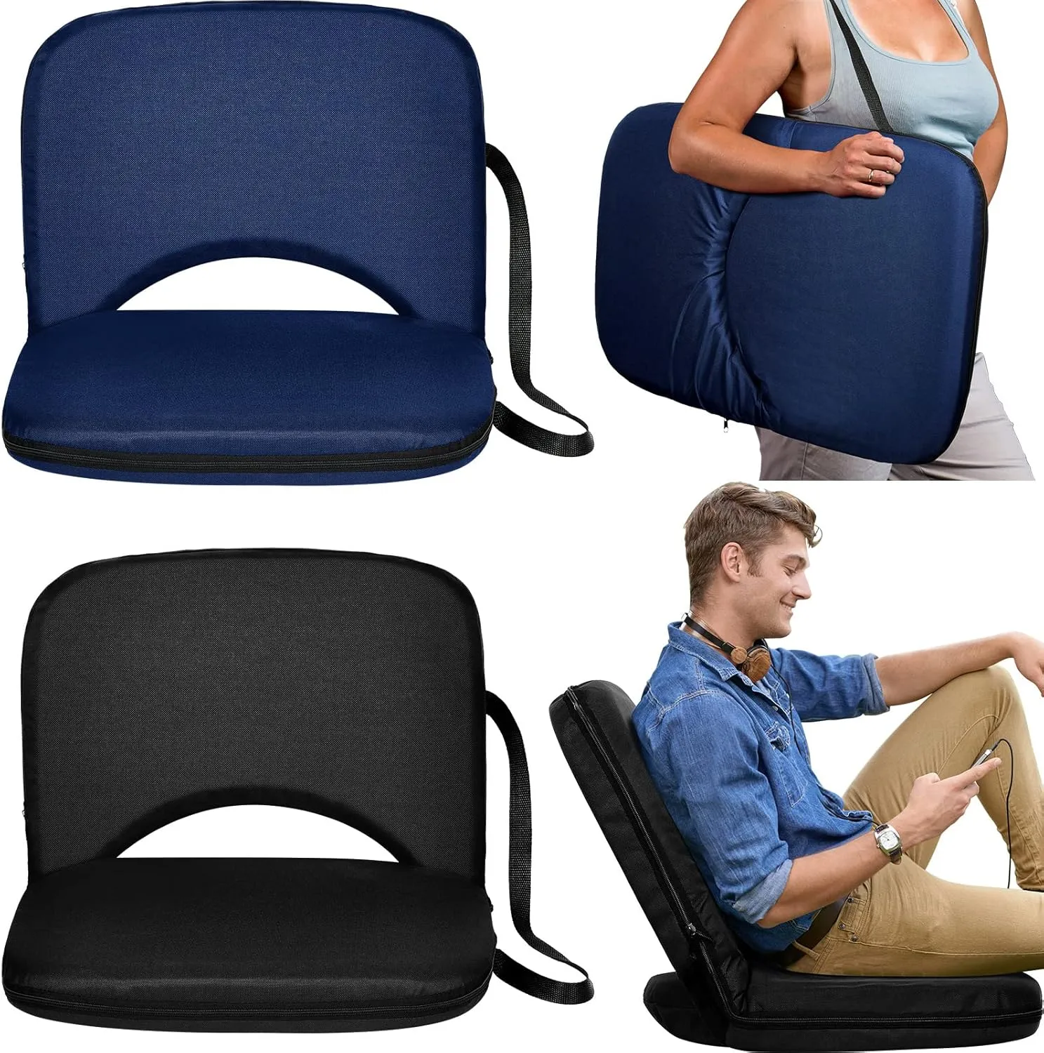 Thyle 2 Pcs Stadium Seats with Back Support, Folding Stadium Seats for Bleachers with 20 in Wide Cushion Waterproof Floor Chair 6 Reclining Positions Portable Recliner for Indoor Outdoor