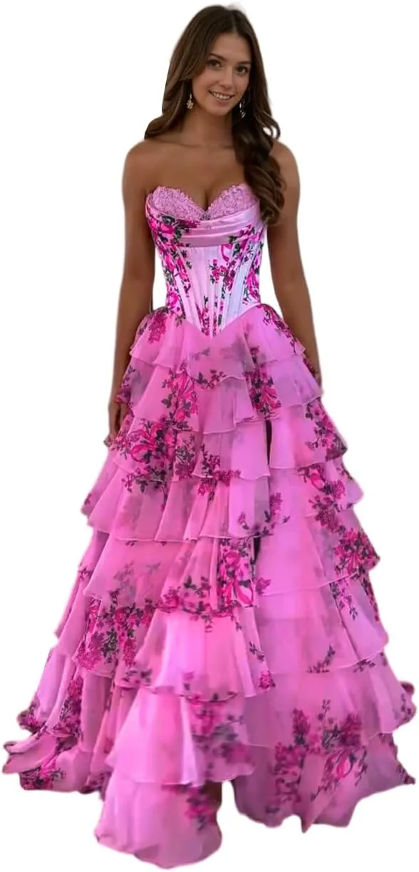 Tiered Floral Print Prom Dresses Long Ball Gown Tulle Formal Dress Strapless Evening Gown Sweetheart Party Dress