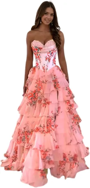 Tiered Floral Print Prom Dresses Long Ball Gown Tulle Formal Dress Strapless Evening Gown Sweetheart Party Dress