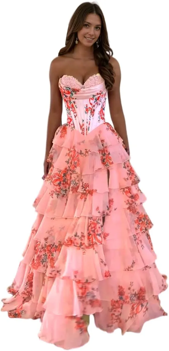 Tiered Floral Print Prom Dresses Long Ball Gown Tulle Formal Dress Strapless Evening Gown Sweetheart Party Dress