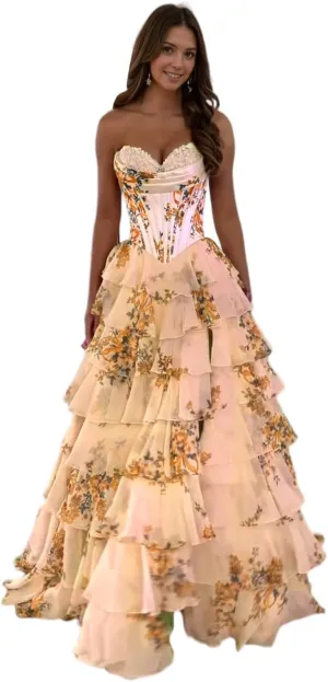 Tiered Floral Print Prom Dresses Long Ball Gown Tulle Formal Dress Strapless Evening Gown Sweetheart Party Dress