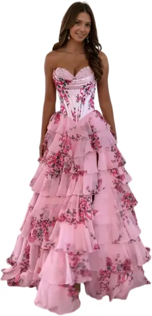 Tiered Floral Print Prom Dresses Long Ball Gown Tulle Formal Dress Strapless Evening Gown Sweetheart Party Dress