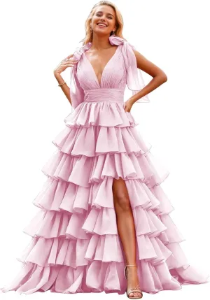 Tiered Ruffle Prom Dresses for Women Long Slit Tulle Formal Evening Dress with Bow