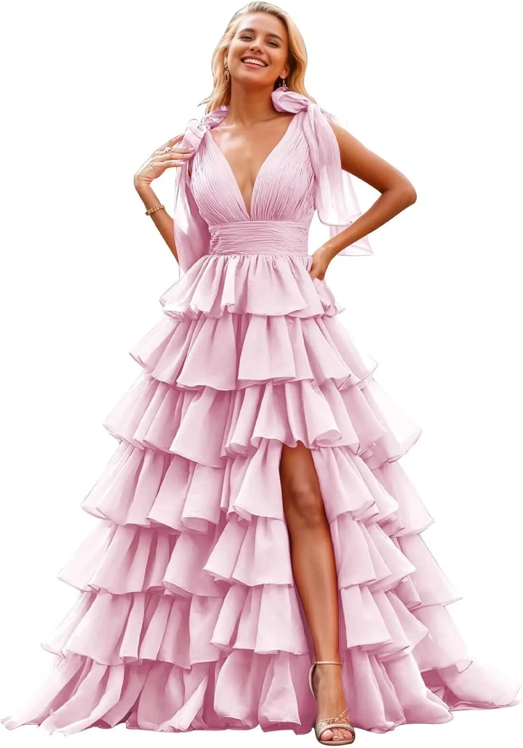 Tiered Ruffle Prom Dresses for Women Long Slit Tulle Formal Evening Dress with Bow
