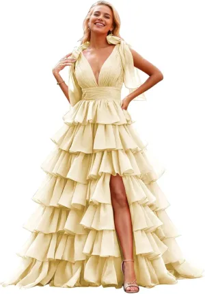 Tiered Ruffle Prom Dresses for Women Long Slit Tulle Formal Evening Dress with Bow