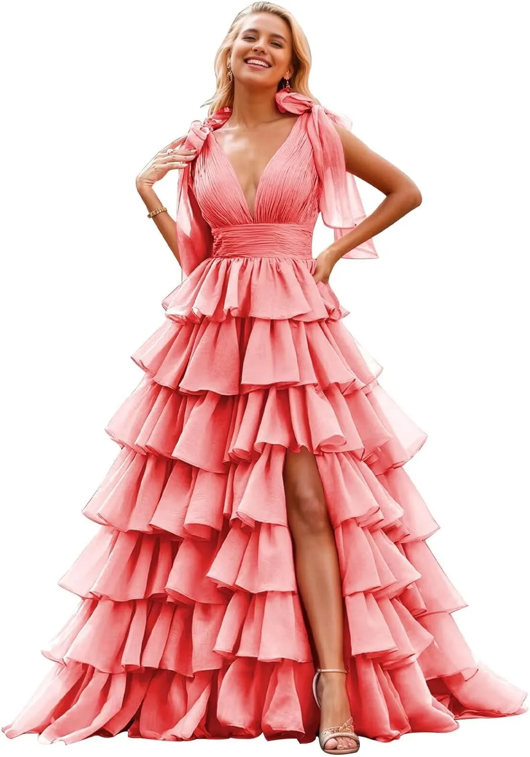 Tiered Ruffle Prom Dresses for Women Long Slit Tulle Formal Evening Dress with Bow