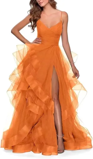 Tiered Tulle Prom Dress 2025 Classic Evening Dresses for Women Formal Spaghetti Straps Glittery Party Ball Gowns with Slit