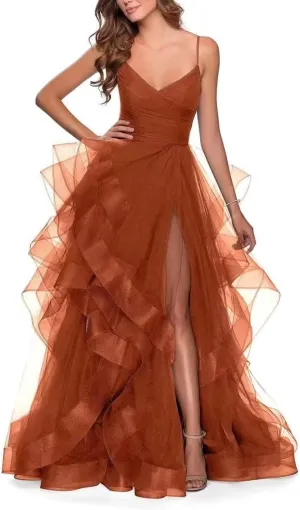 Tiered Tulle Prom Dress 2025 Classic Evening Dresses for Women Formal Spaghetti Straps Glittery Party Ball Gowns with Slit