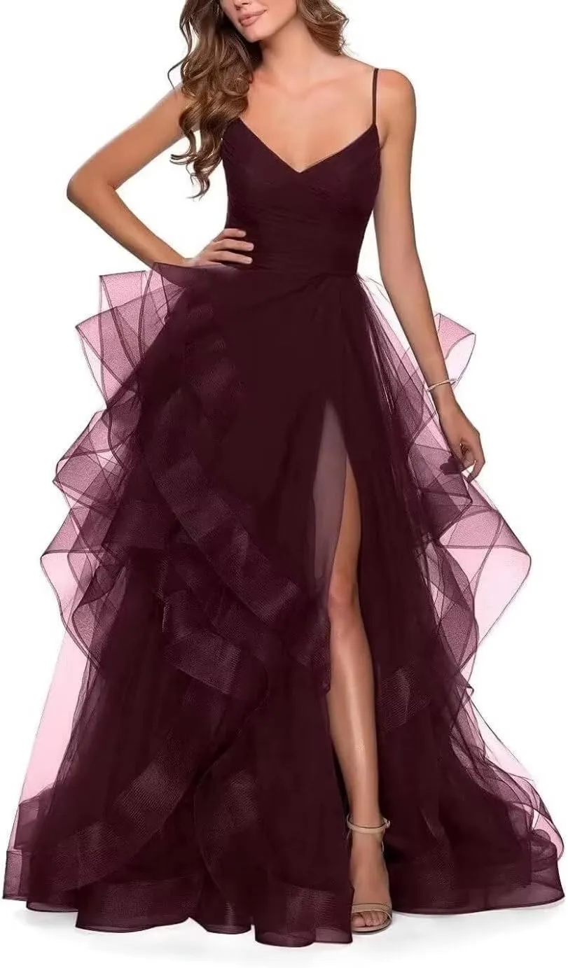 Tiered Tulle Prom Dress 2025 Classic Evening Dresses for Women Formal Spaghetti Straps Glittery Party Ball Gowns with Slit