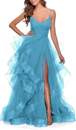 Tiered Tulle Prom Dress 2025 Classic Evening Dresses for Women Formal Spaghetti Straps Glittery Party Ball Gowns with Slit