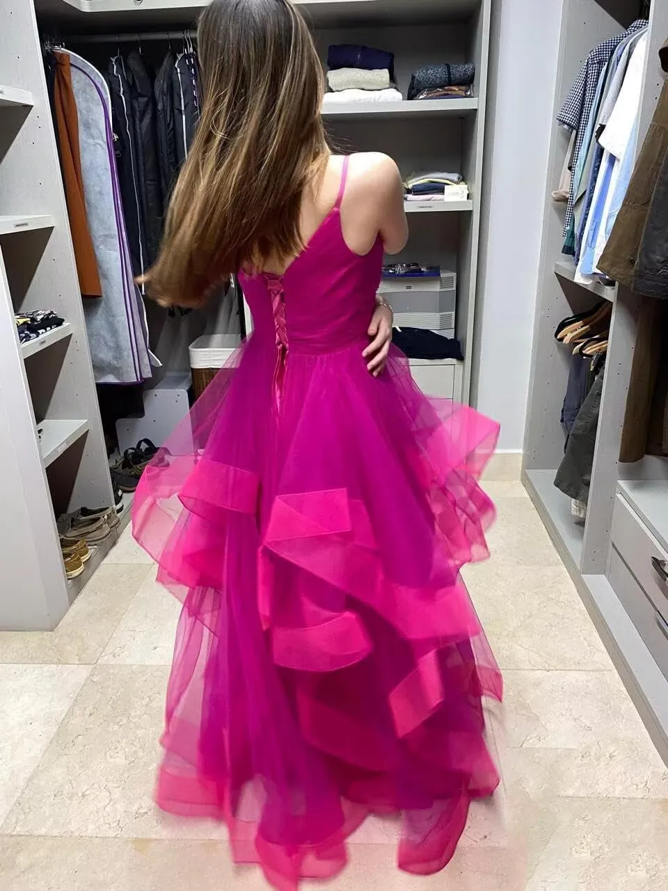 Tiered Tulle Prom Dress 2025 Classic Evening Dresses for Women Formal Spaghetti Straps Glittery Party Ball Gowns with Slit