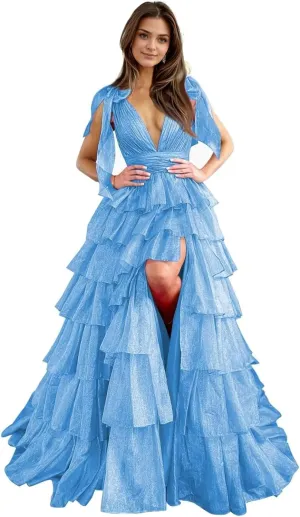 Tiered Tulle Prom Dresses for Women Long Ruffles V-Neck Formal Evening Gowns with Slit