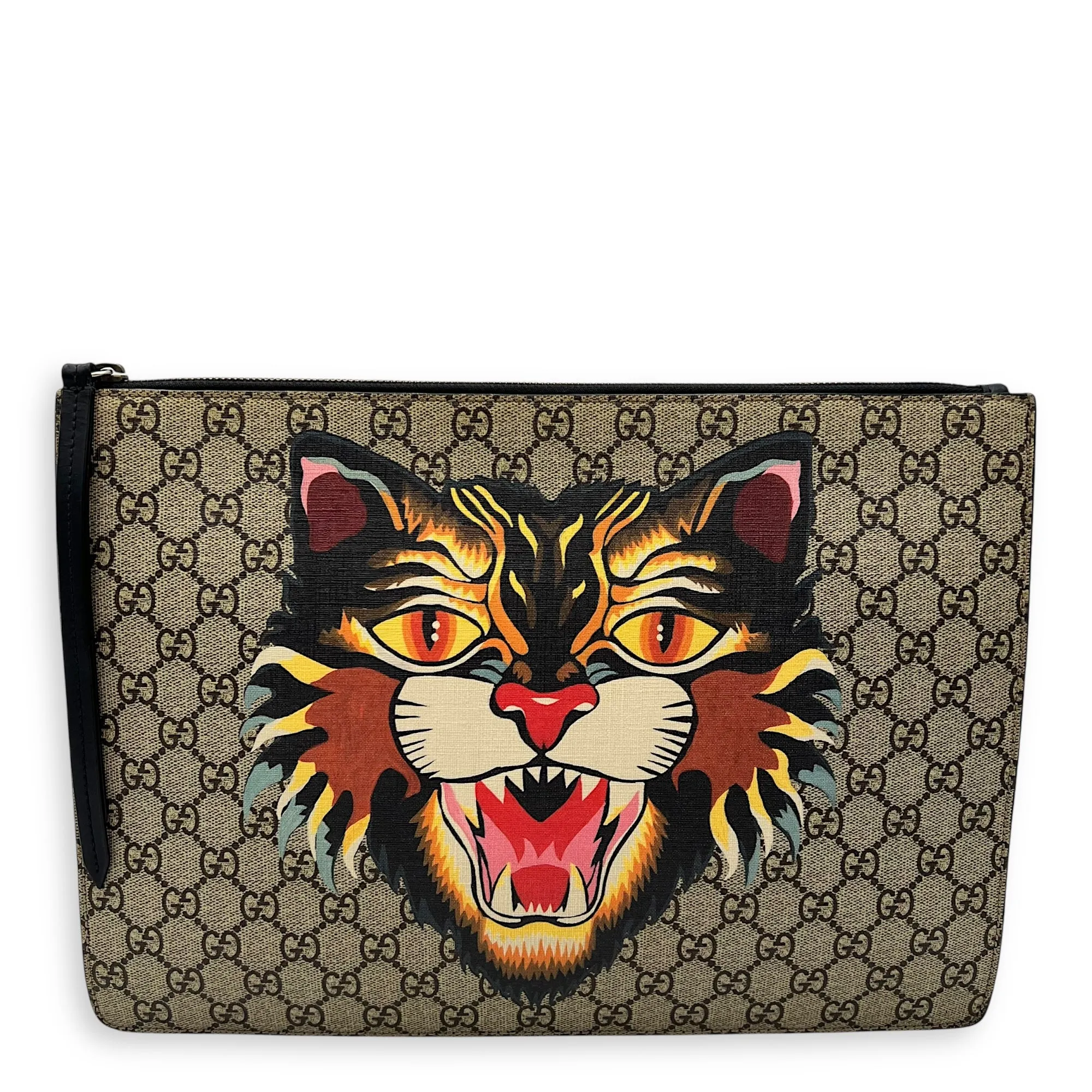 Tiger Pouch Brown in Coated Canvas, Silver hardware