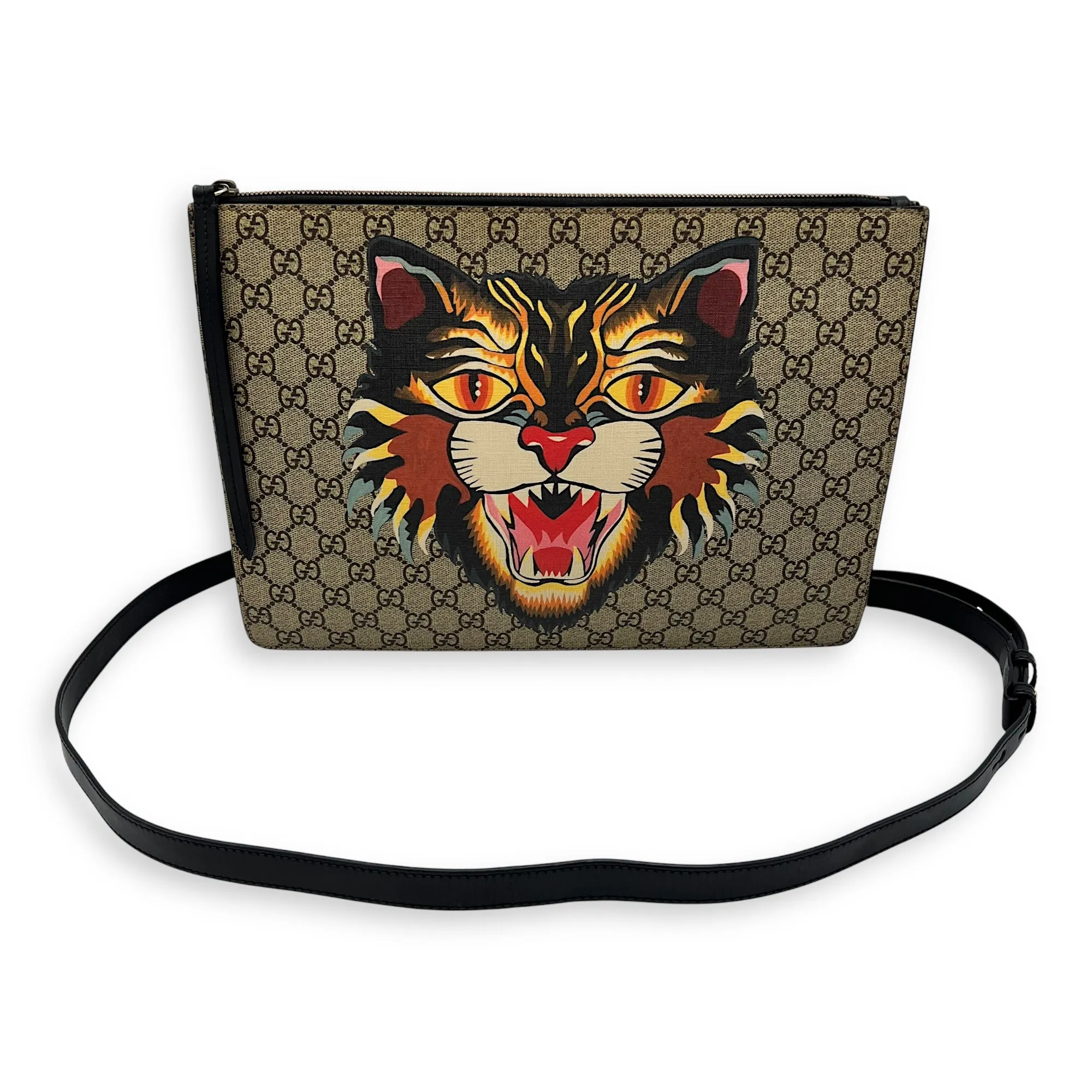 Tiger Pouch Brown in Coated Canvas, Silver hardware