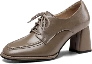 TinaCus Women's Genuine Leather Handmade Lace Up Mid Chunky Heels Stylish Pumps Shoes