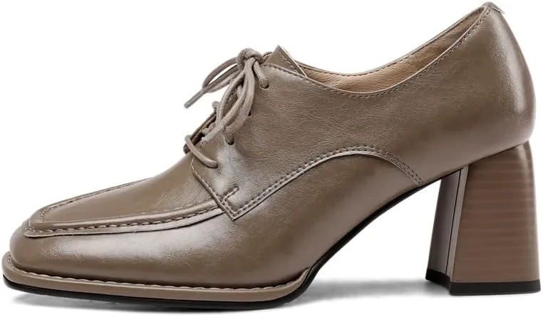 TinaCus Women's Genuine Leather Handmade Lace Up Mid Chunky Heels Stylish Pumps Shoes