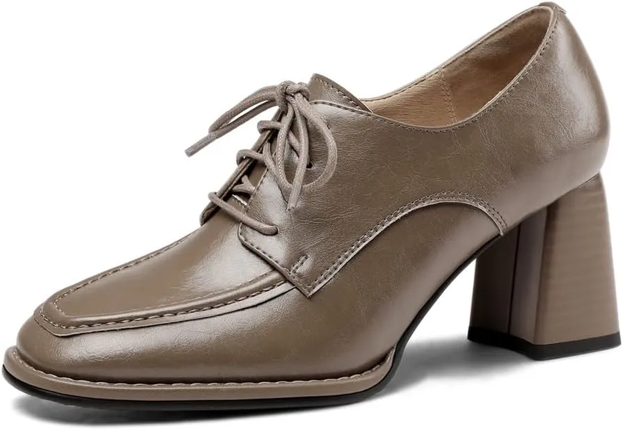 TinaCus Women's Genuine Leather Handmade Lace Up Mid Chunky Heels Stylish Pumps Shoes