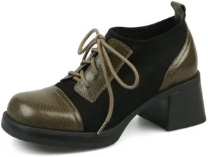 TinaCus Women's Genuine Leather Handmade Splicing Lace Up Square Toe Platform Mid Block Heel Pumps Shoes